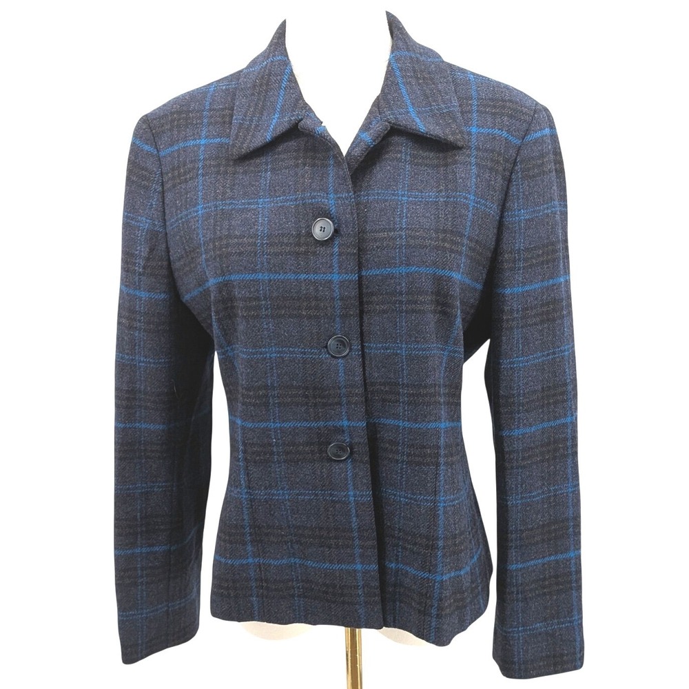 Jones New York Wool Blend Jacket 10 Blue Gray Plaid Windowpane Blazer